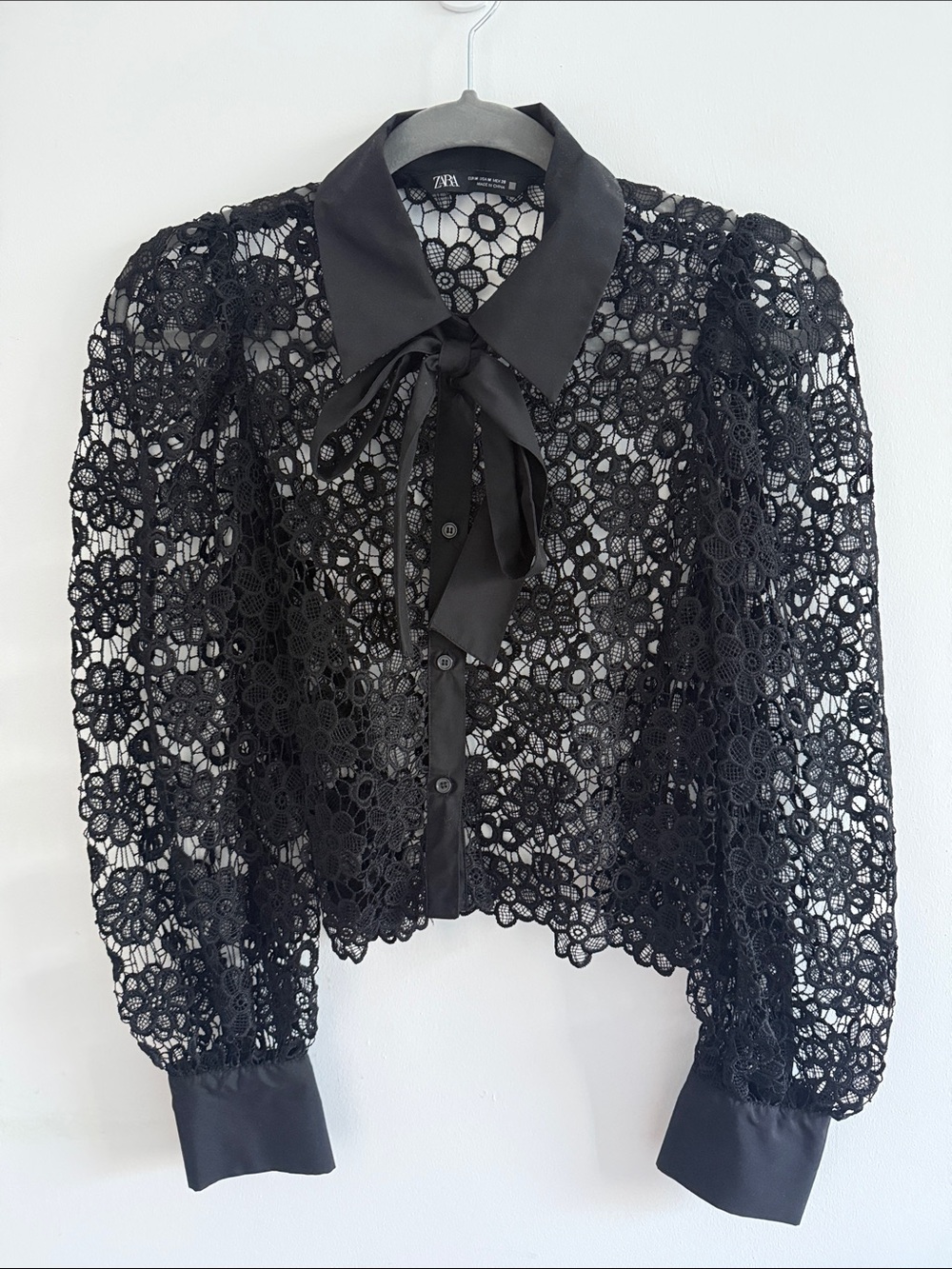 Zara Black Floral Lace Button-Down Blouse with Tie